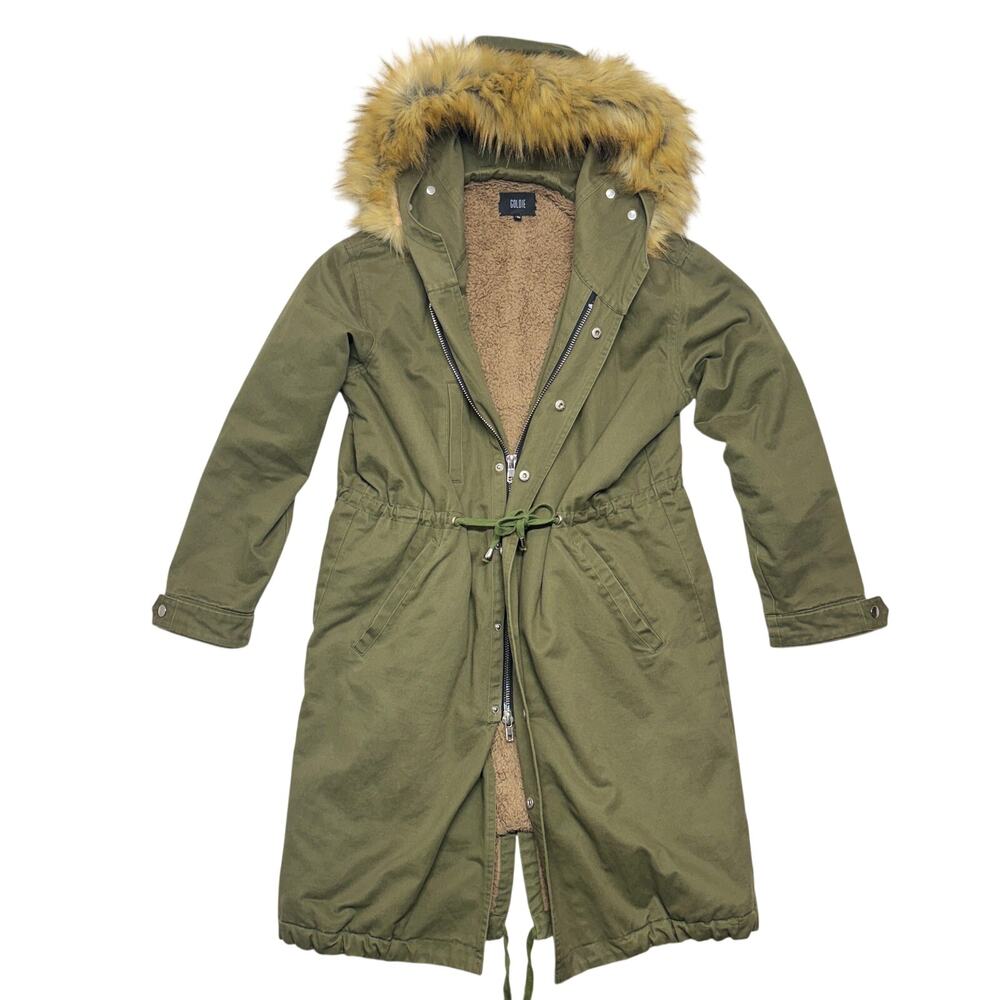 Goldie Parka Jacket Womens Small Olive Faux Fur Hooded Teddy Fleece Lined Coat